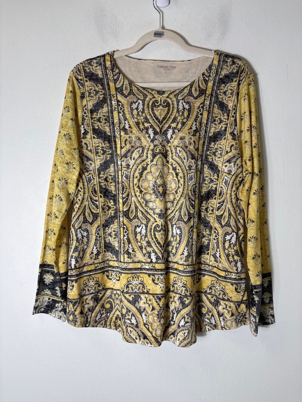 Coldwater Creek Yellow and Tan Design Tee Sz L